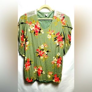 Cato Green Floral Kimono Sleeve V-Neck Rayon Blouse Lined Size 14/16W